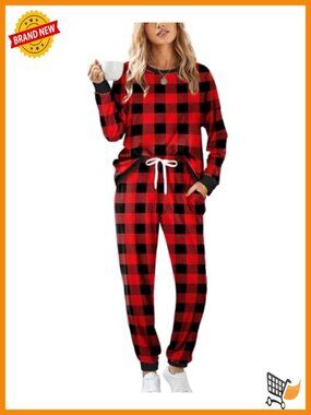 Long Sleeve Crew Neck Pajama Sets With Pockets Two Piece Lounge Set